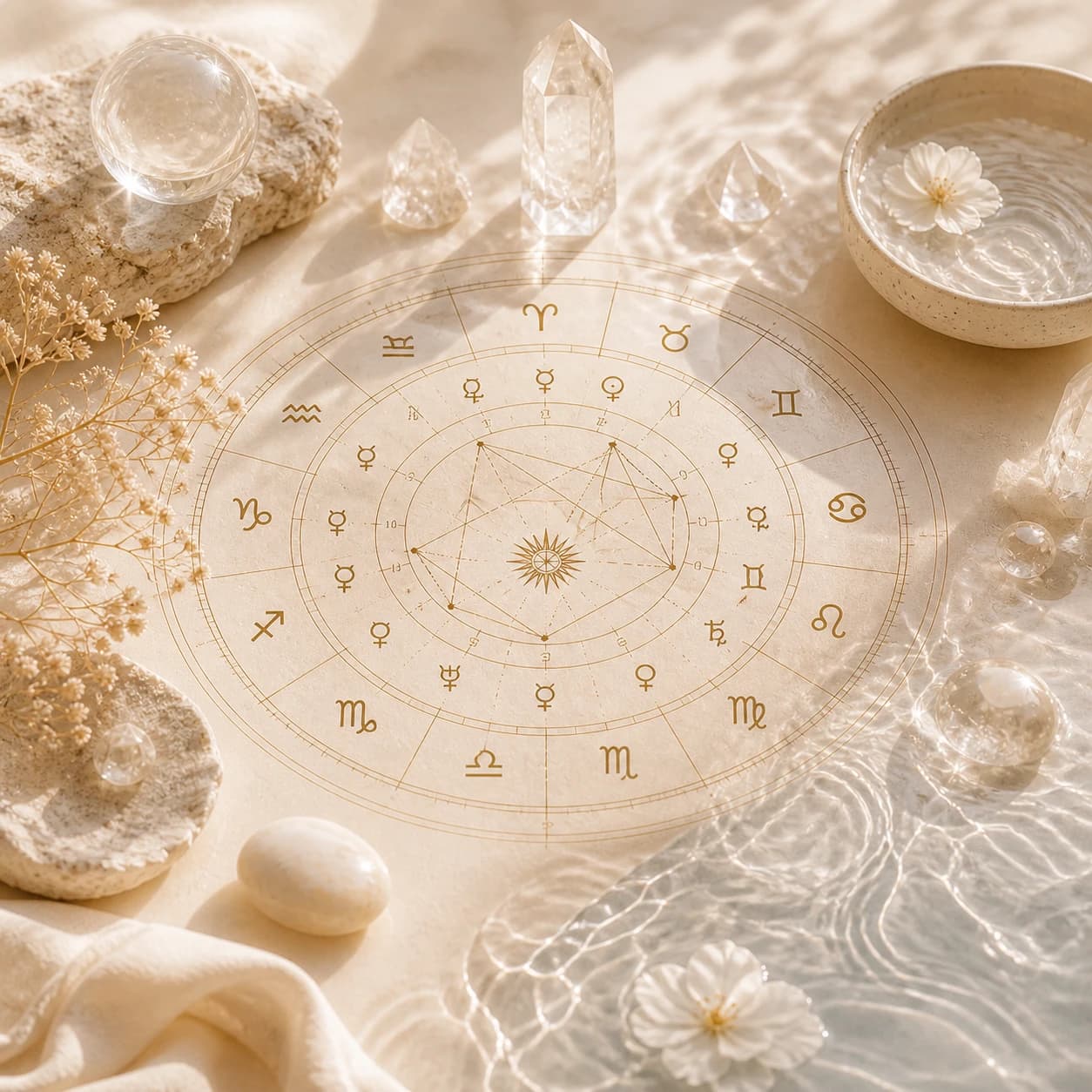 Roda zodiacal e cristais sobre uma mesa