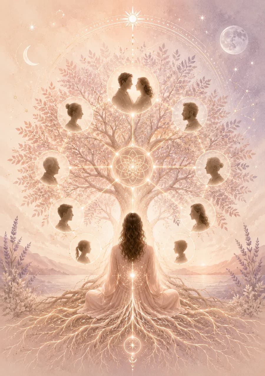 Mulher em meditação sob uma árvore genealógica luminosa