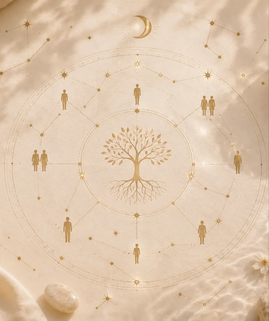 Mandala dourada com árvore da vida e figuras familiares sobre tecido cremoso