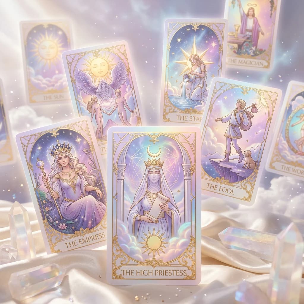 Lâminas de Tarot dispostas em mesa iluminada
