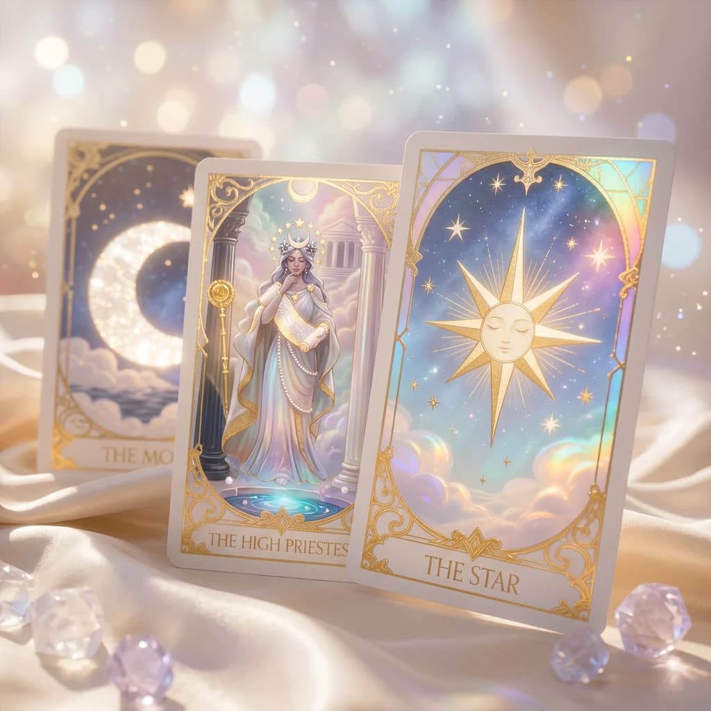 Cartas de Tarot iluminadas sobre tecido cor de marfim