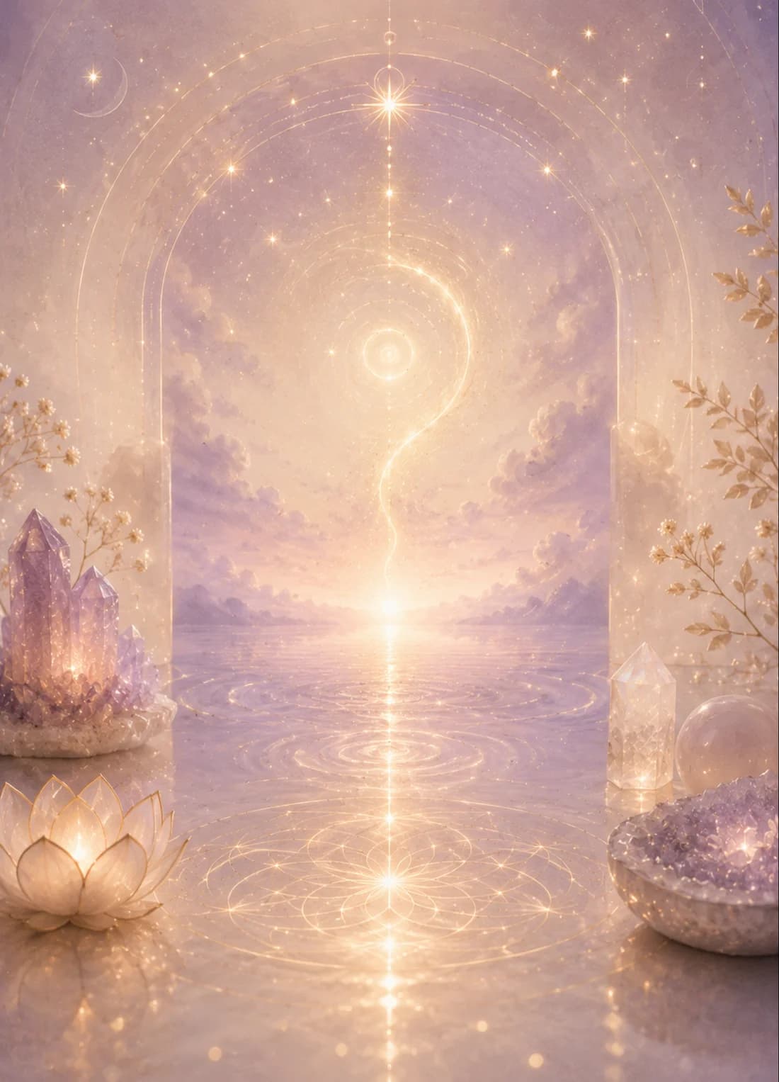 Portal luminoso entre cristais e flor de lótus