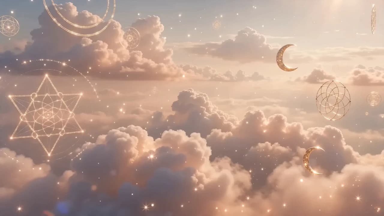 Céu cósmico com nuvens, luas e geometria sagrada