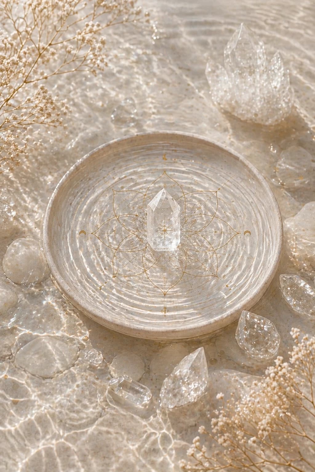 Tigela com cristal de quartzo e flores secas
